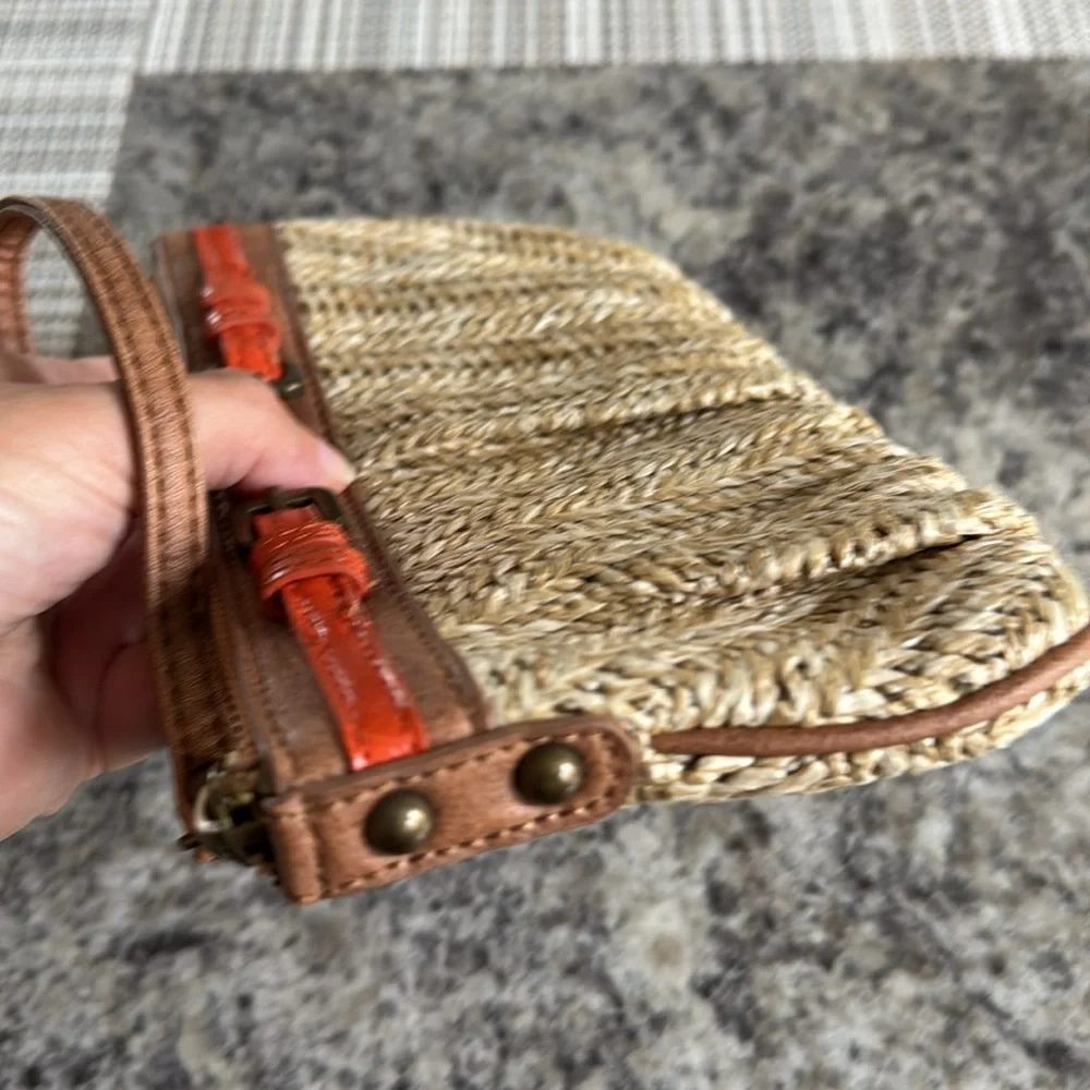 Express Women’s Woven Straw Wrislet Orange Brown Buckle Detail Summer Clutch